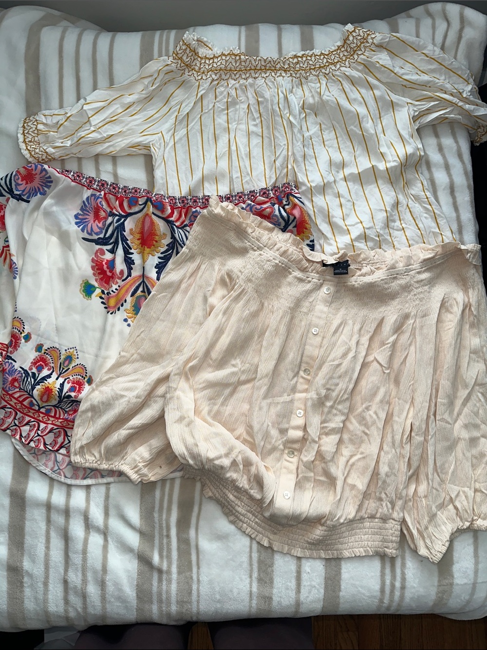 Bundle of Three Off the Shoulder Blouses floral striped and solid